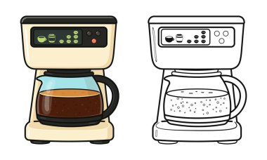 Çocuklar için siyah ve beyaz renkli bir sayfanın yanında kahve dolu bir demlik ile kahve yapma aleti.