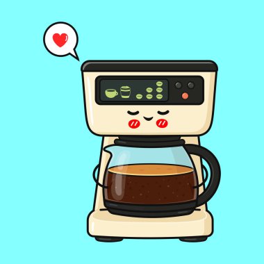 Mutlu çizgi film karakteri, kalbi olan kahve yapımcısı. Sürahinin içinde taze kahve yapıyor. Şirin kawaii aygıtı.