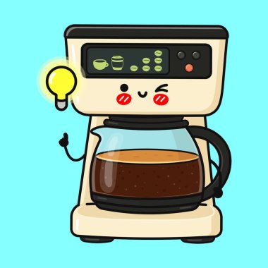 Bir demlik kahveyle yeni bir fikri ya da esin kaynağını temsil eden parlayan bir ampulü gösteren sevimli bir çizgi film kahve makinesi.