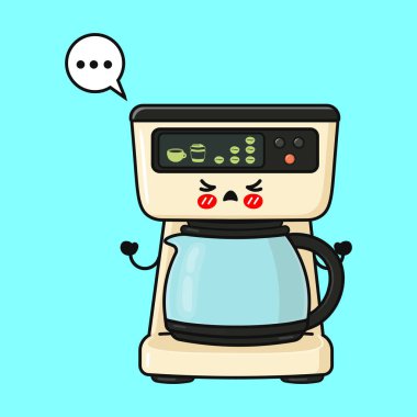 Tatlı kahve makinesi karakteri konuşma baloncuğuna kızgın, hayal kırıklığı ya da alet problemini temsil ediyor.