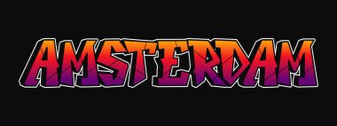 Amsterdam 'da renkli graffiti sokak sanatıyla yazılmış bir kelime. Karanlık bir arkaplanda şehir tipografisi