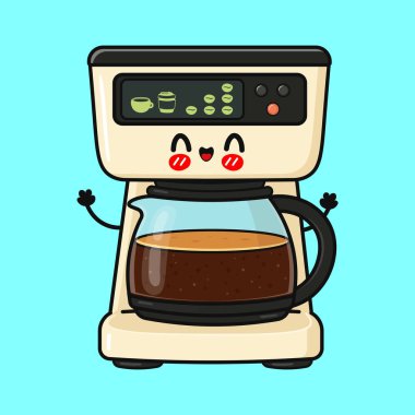 Mutlu kahve yapımcısı çizgi film karakteri taze kahve getiriyor, gülümsüyor ve el sallıyor. Şirin kawaii cihaz tasarımı