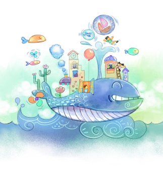 Whale city on the ocean clipart