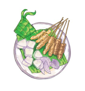 Satay ve ketupat, et çubuğu ve suluboya eşkenar dörtgen. Vektör dosyası. 