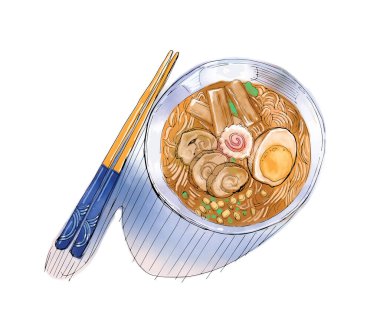 Ramen çorbası. Japon eriştesi. Kore eriştesi. Suluboya otantik gıda. Vektör dosyası.