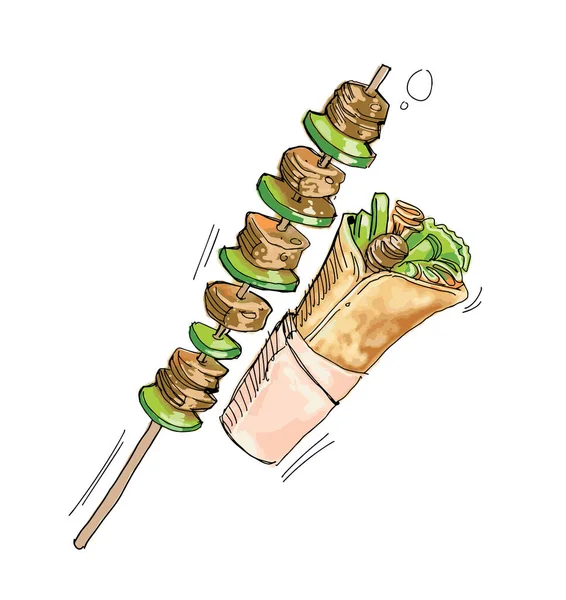 Kebab Cibo Tacchini Sano Delizioso Creato Dall Effetto Acquerello File — Vettoriale Stock