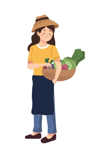 Agricultora Con Carácter Canasta Verduras — Vector de stock