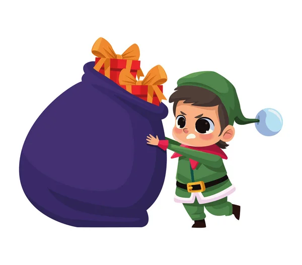 Pequeno Elfo Com Presentes Saco Caráter — Vetor de Stock