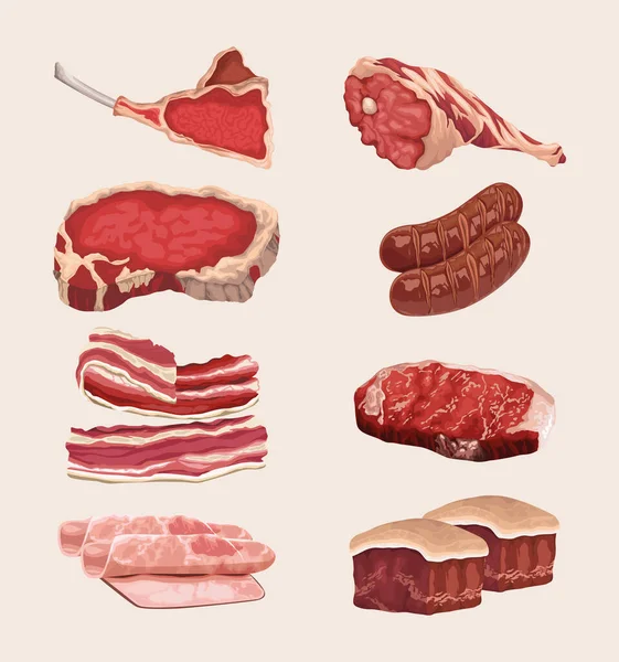 Acht Vlees Verschillende Delen Pictogrammen — Stockvector