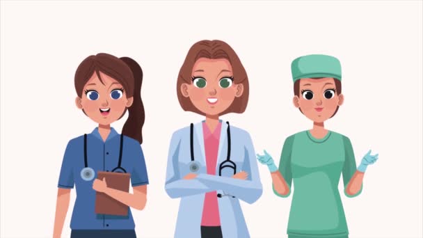 Profesionales Médicos Mujeres Trabajadores Personajes Video Animado — Vídeo de stock