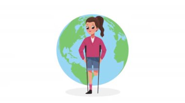 Koltuk değnekli engelli kadın, 4k video animasyonu