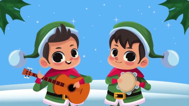 Elfi Mici Cântând Instrumente Animație Video Animat — Videoclip de stoc