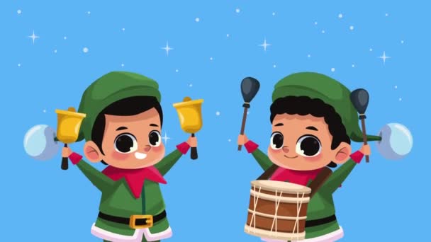 Pequenos Elfos Tocando Instrumentos Personagens Vídeo Animado — Vídeo de Stock