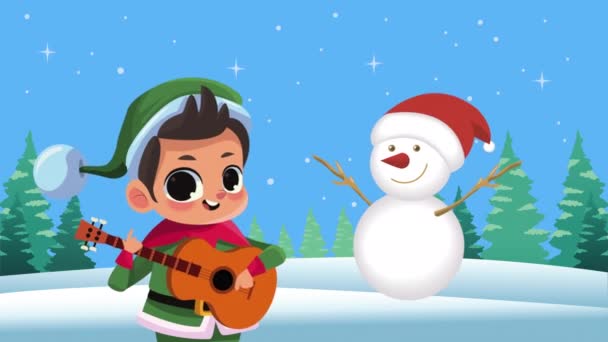 Mały Elf Gra Gitarze Animacji Wideo Animowane — Wideo stockowe
