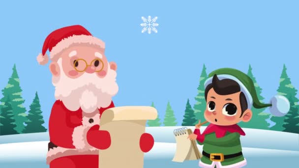 Santa Claus Leitura Lista Presentes Elfo Vídeo Animado — Vídeo de Stock