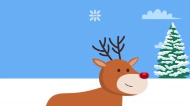 Kar manzaralı sevimli ren geyiği Noel animasyonu, 4k video animasyonu