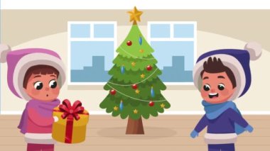 Noel 'i ağaçla kutlayan sevimli çocuklar, 4k video animasyonu
