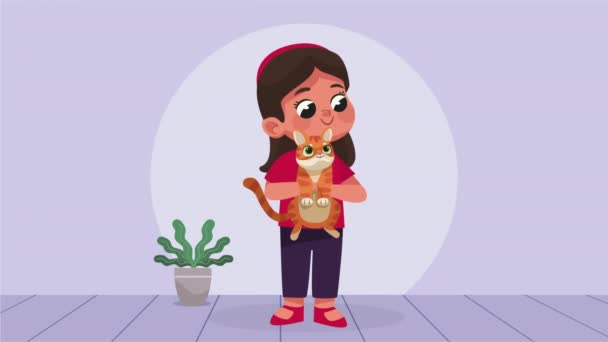 Niña Con Animación Del Personaje Del Gato Video Animado — Vídeo de stock