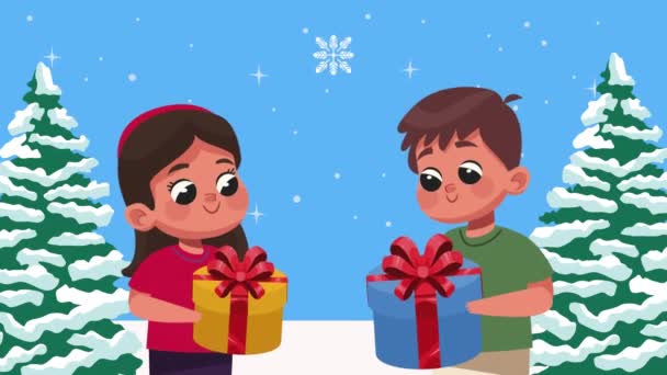 Милые Дети Пара Подарками Празднование Рождества Видео Анимированы — стоковое видео