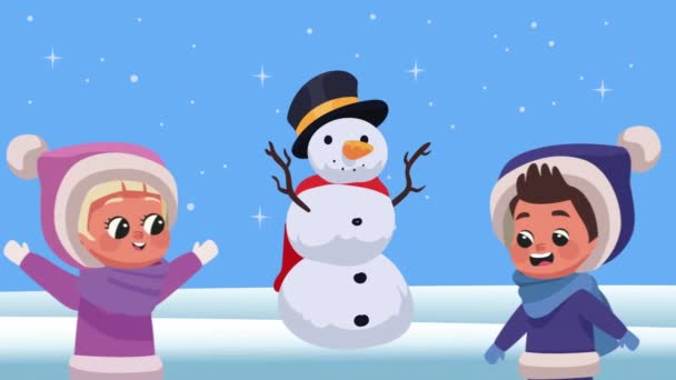 Niños Pareja Con Muñeco Nieve Paisaje Nieve Video Animado — Vídeos de Stock
