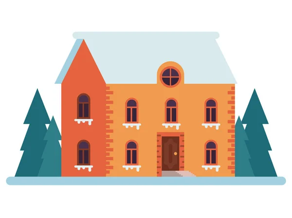 Gelbes Haus Mit Schnee Fassade Szene — Stockvektor