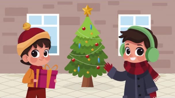 Mali Chłopcy Ubrani Zimowe Ubrania Animacja Wideo — Wideo stockowe