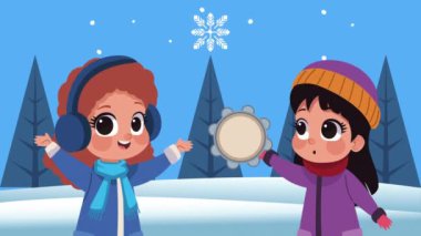 Kar manzarasında kışlık giysiler giyen küçük kızlar, 4k video animasyonu