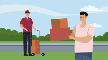 istemci karakterleri animasyonuna sahip dağıtım işçisi, 4k video animasyonu