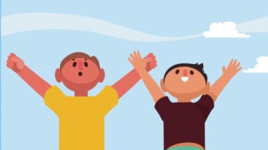 Mutlu genç erkek arkadaşlar kutlama yapıyor, 4k video animasyonu