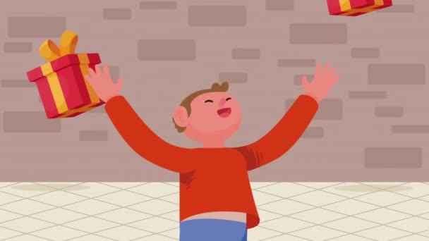 Joven Feliz Hombre Con Regalos Video Animado — Vídeos de Stock