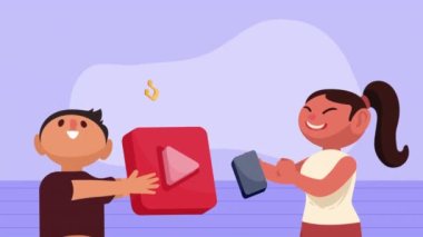 Akıllı telefonlu ve müzik çalan genç çift, 4k video animasyonu
