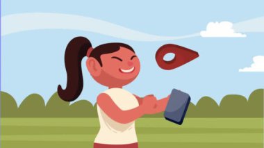 Akıllı telefon ve pin kullanan kadın, 4k video animasyonu