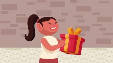 Hediyesi olan genç mutlu kadın, 4k video animasyonu.