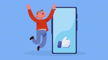 Akıllı telefonlu genç mutlu adam, 4k video animasyonu