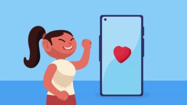 Akıllı telefonu ve kalbi olan genç bir kadın, 4k video animasyonu