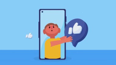 Akıllı telefondaki genç mutlu adam, 4k video animasyonu