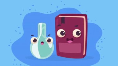 kitap ve matara okul malzemeleri Kawaii karakterleri, 4k video animasyonu