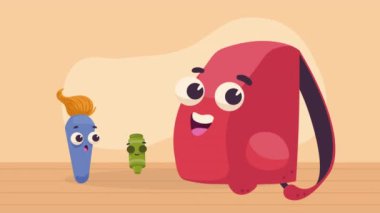 okul çantası ve malzeme Kawaii karakterleri, 4k video animasyonu