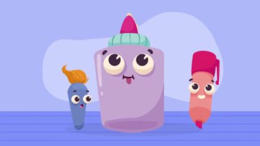 Yapıştırıcı ve okul malzemeleri Kawaii karakterleri, 4k video animasyonu