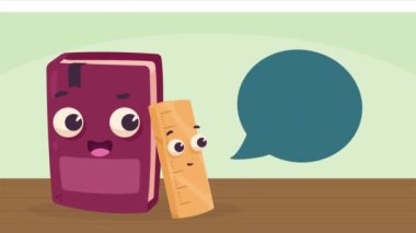 Kitap ve kural okul malzemeleri Kawaii karakterleri, 4k video animasyonu