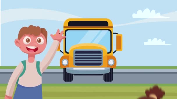 Küçük Öğrenci Çifti Otobüs Animasyonu Video Animasyonu — Stok video
