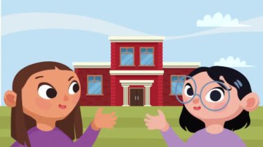 Okuldaki küçük kız öğrenciler, 4K video animasyonu.