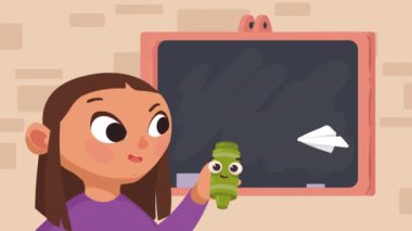 Kara tahtası olan küçük bir öğrenci kız, 4k video animasyonu