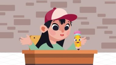 Spor şapkalı küçük öğrenci kız, 4K video animasyonu.