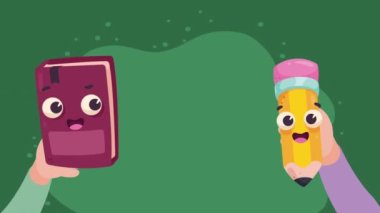kitap ve kalem kaynakları kawaii karakterleri, 4k video animasyonu