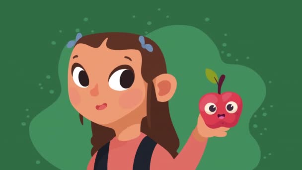 Niña Estudiante Con Fruta Manzana Video Animado — Vídeo de stock