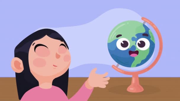 Mała Uczennica Mapą Świata Animacja Wideo — Wideo stockowe