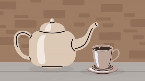 ティーポットとカップでコーヒーを飲む4Kビデオアニメーション — ストック動画