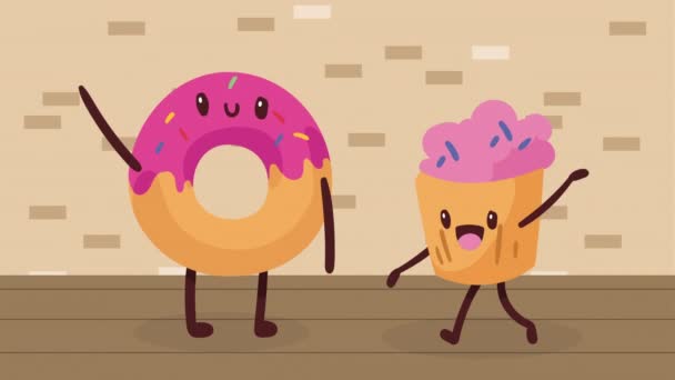 Fánk Muffin Kawaii Karakterek Videó Animált — Stock videók