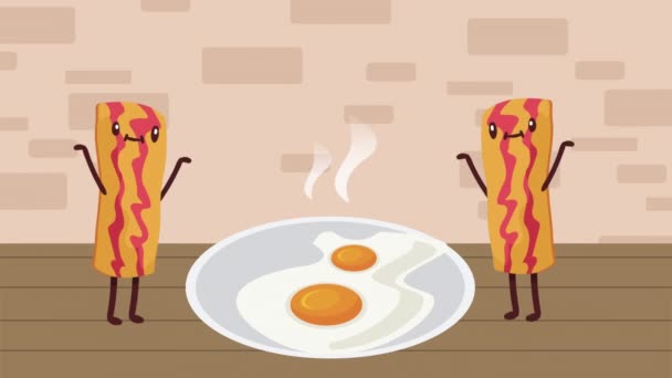 Μπέικον Και Αυγά Τηγανητά Kawaii Χαρακτήρες Βίντεο Κινούμενα — Αρχείο Βίντεο